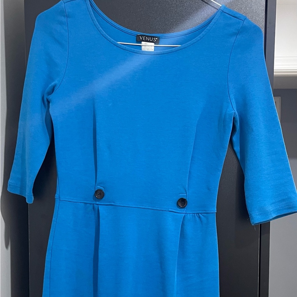 Blue Sheath Dress with Crew Neck and 3/4 Sleeves